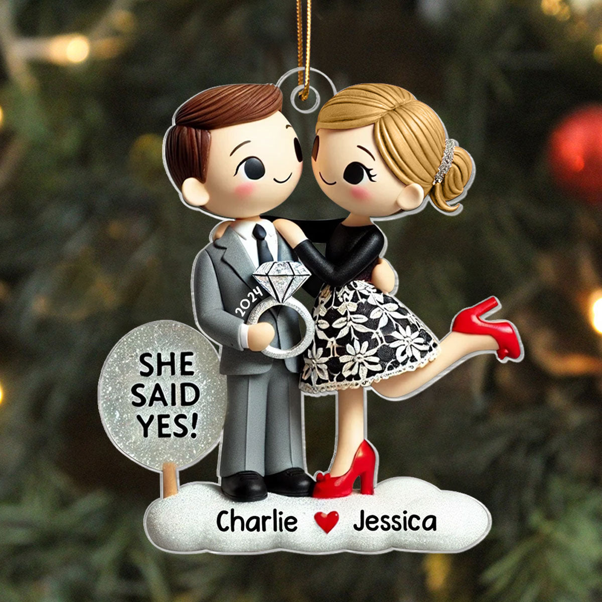 Engagement Ornament She Said Yes Personalized Couple's Engagement Christmas, 2D Flat Acrylic Ornament