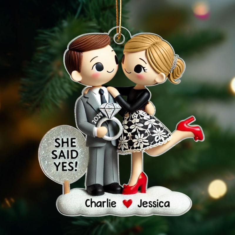 Engagement Ornament She Said Yes Personalized Couple's Engagement Christmas, 2D Flat Acrylic Ornament