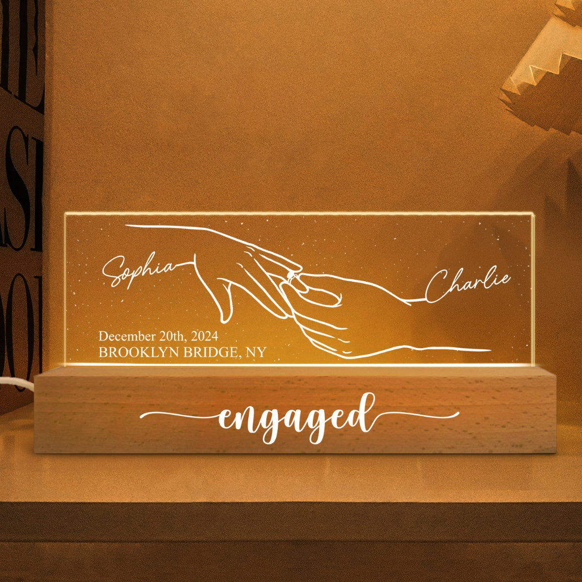 Engagement Keepsake Couple Hands Outline Personalized Block LED Plaque
